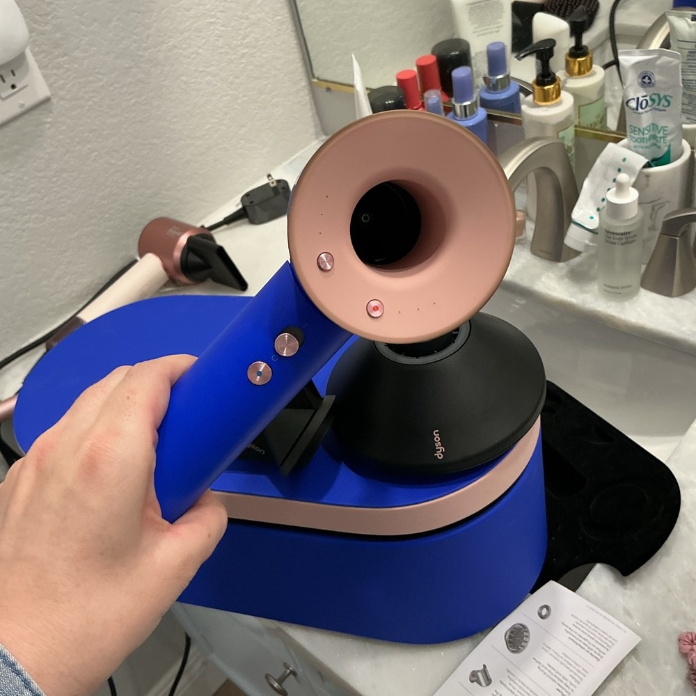 Dyson Hair Dryer in Blue with Rose Gold Accents